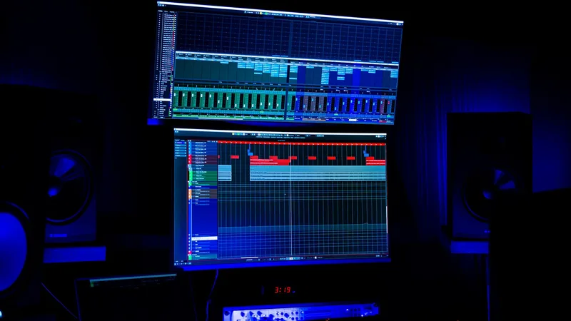 Side-by-side comparison of AI voice generator output waveforms from ElevenLabs, Murf AI, and PlayHT, displayed as audio tracks on a dark editing timeline