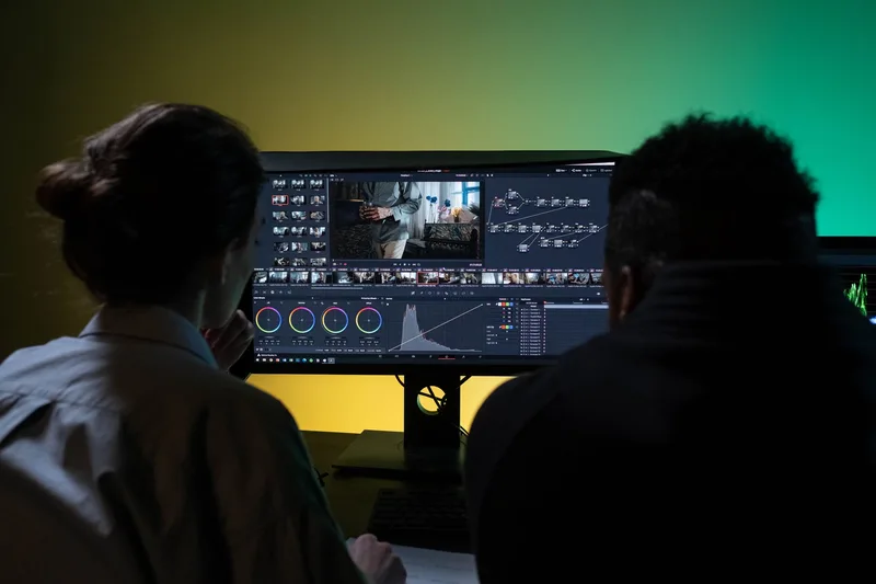 Two editors viewing a color grading monitor from behind in a dual-screen setup