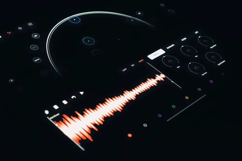 Digital audio mixer touchscreen showing sound wave and control elements, representing Descript&rsquo;s Studio Sound audio enhancement feature