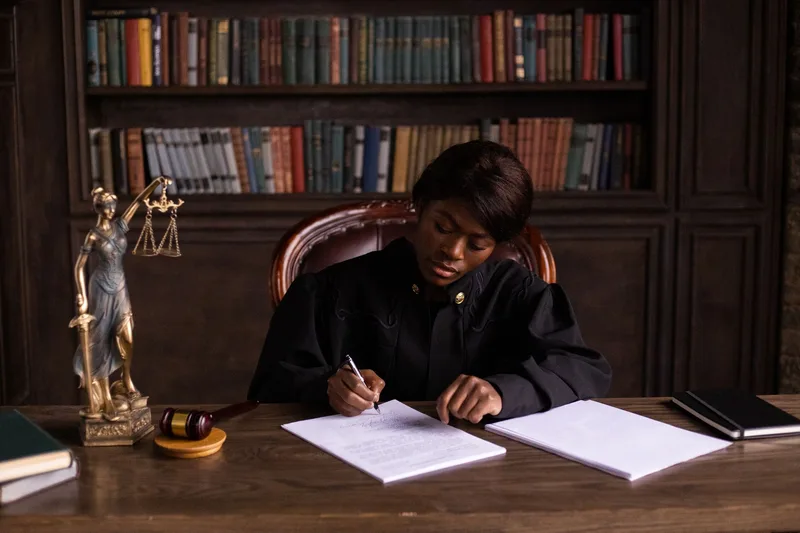 Judge writing at a desk surrounded by law books, representing the copyright and licensing considerations in faceless anime content