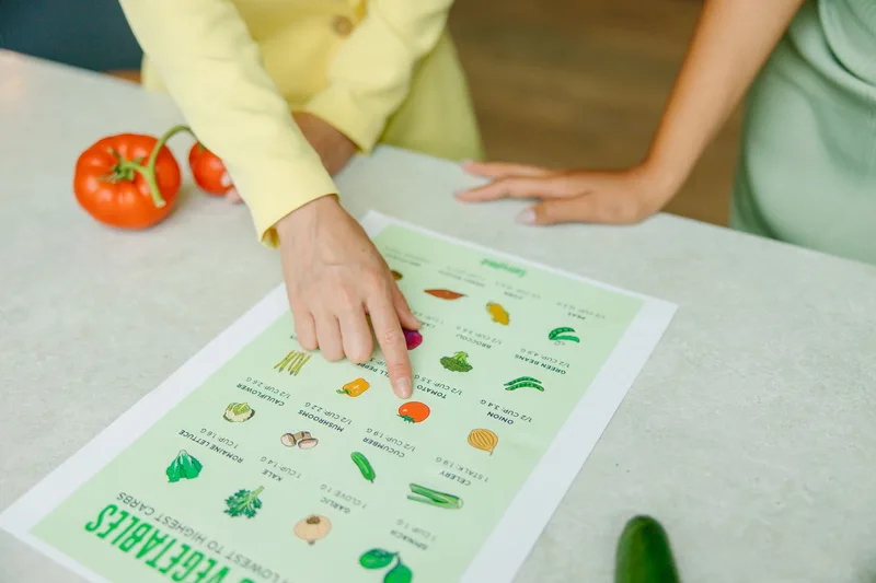 Close-up of hands pointing to a vegetable nutrition chart, representing nutrition science content