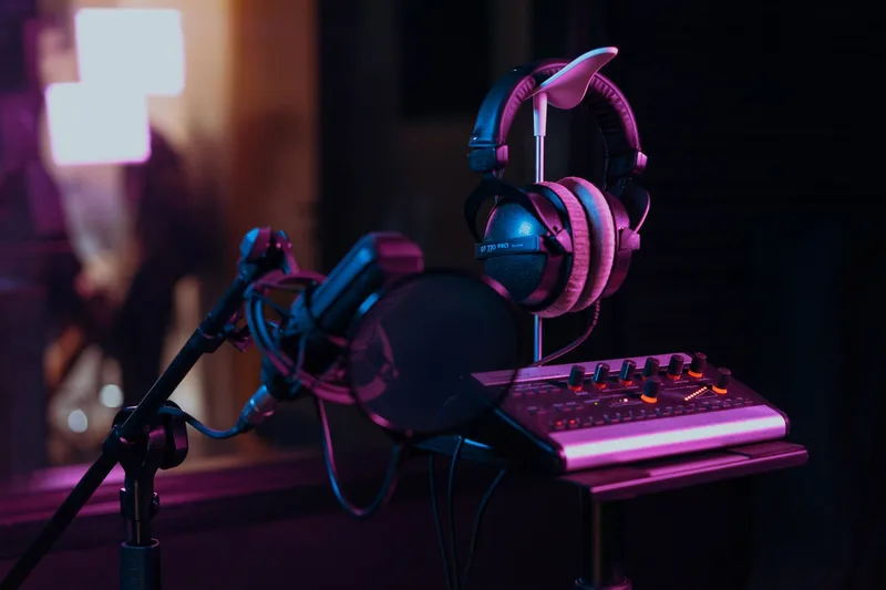 A microphone and headphones in a small recording setup