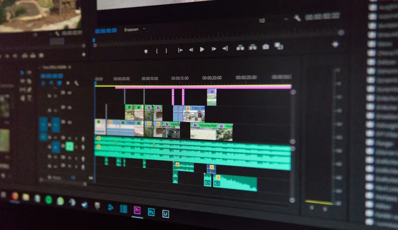 Close-up of a video editing timeline interface on a computer screen, representing the caption-first editing workflow
