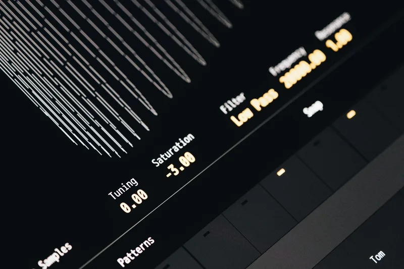 Close-up of a digital sound mixer interface screen showing tuning, saturation, and filter settings