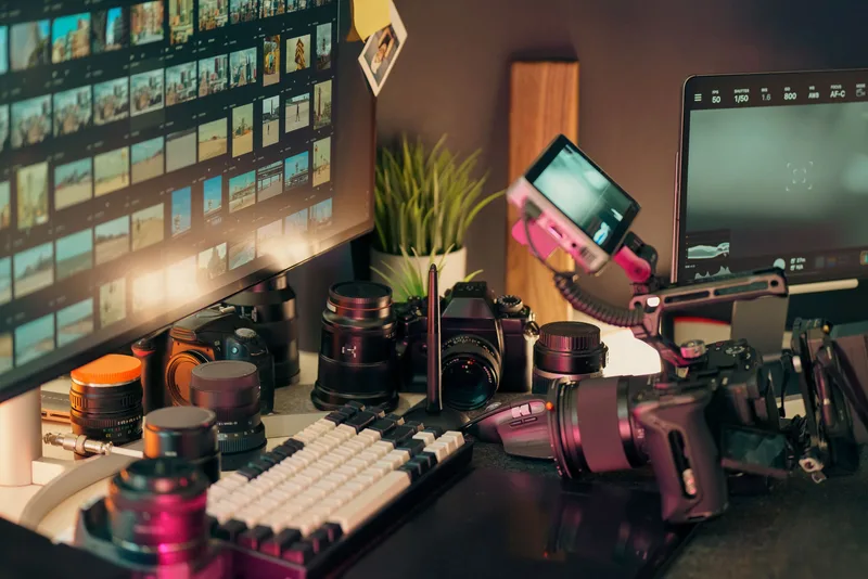Video editing workspace with multiple monitors, cameras, and lenses on a desk, no person visible
