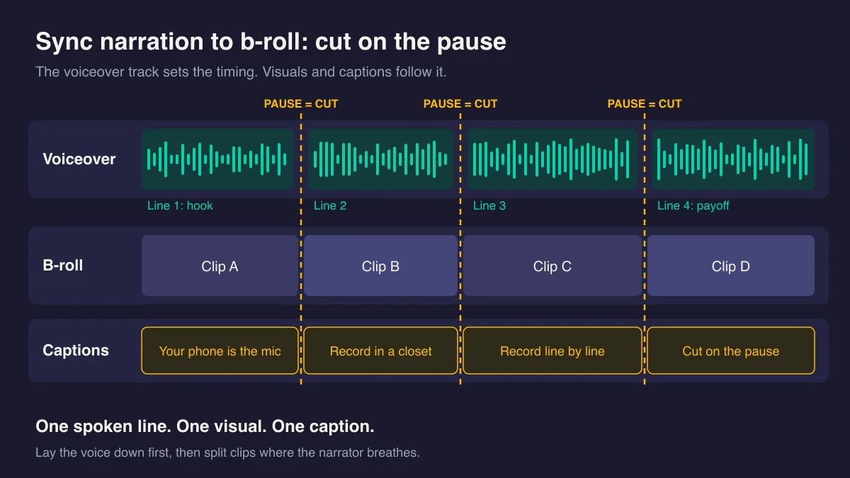 Diagram of an editing timeline with a voiceover track split into four spoken lines, b-roll clips cut at each pause, and a matching caption under each line