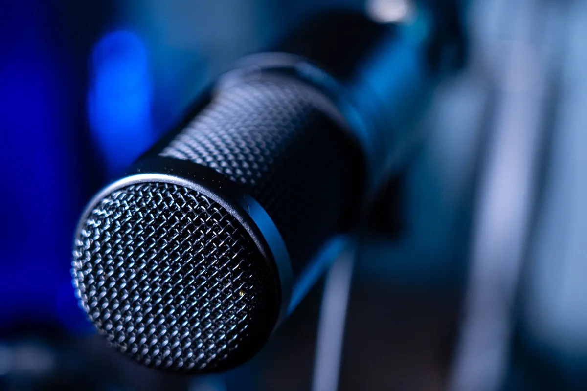 Professional studio microphone close-up for AI voiceover production