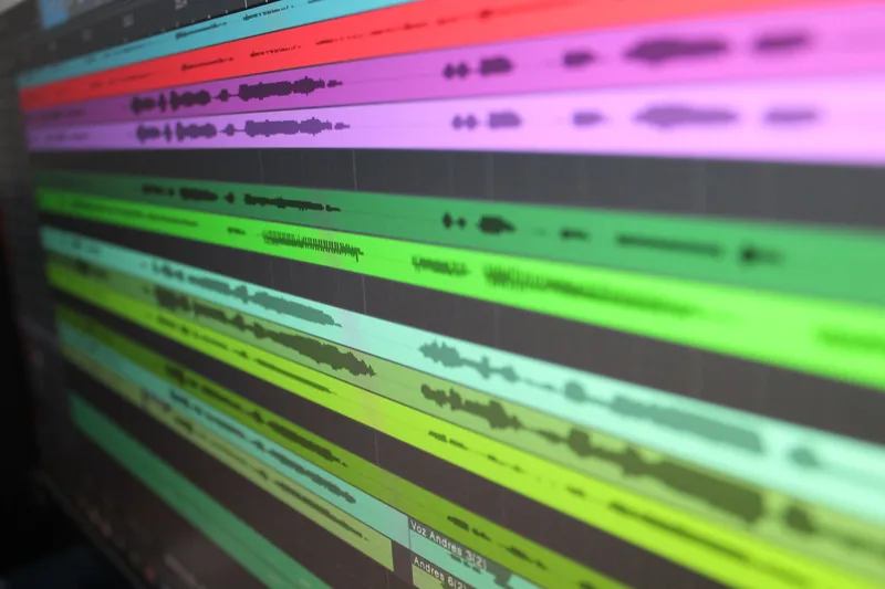 Audio waveforms displayed on computer screen showing sound production software