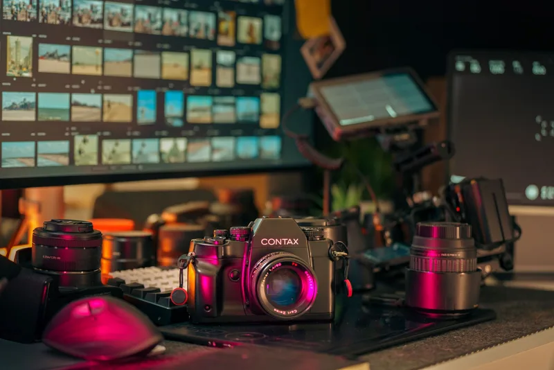 Vintage camera and editing monitors in a creator studio setup