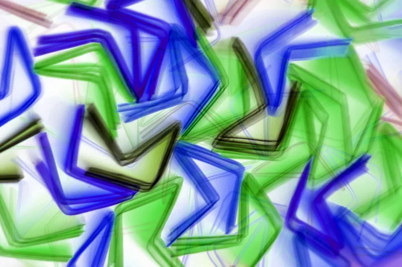 Vibrant abstract illustration with overlapping geometric patterns in blue and green, creating a dynamic visual effect