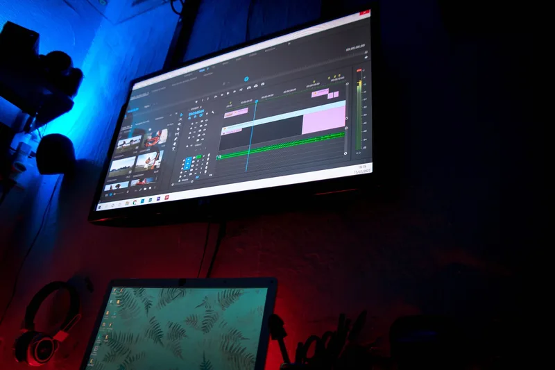 A dark room with computer screens displaying video editing software, creating a moody atmosphere