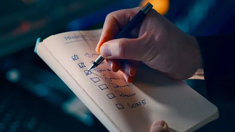 Close-up of a hand writing a checklist in a notebook on a desk