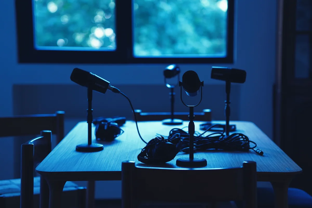 Dim podcast studio with four microphones, headphones, and coiled cables on a wooden table, no people present