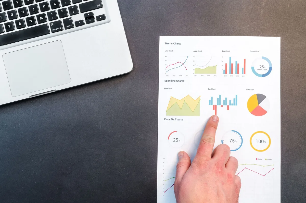 Hand pointing at a printed sheet of line, bar, and pie charts next to a laptop on a dark desk