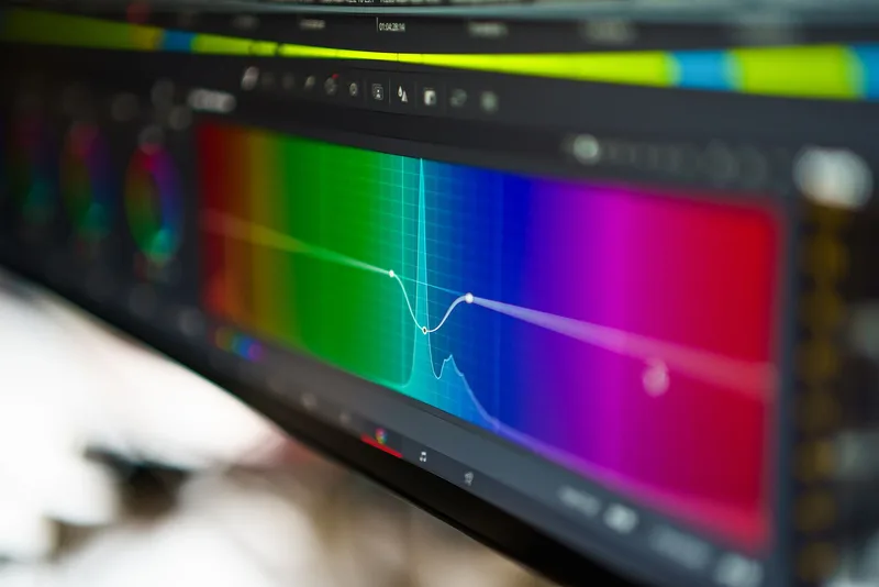 Close-up of a color grading curve in video editing software on a computer monitor