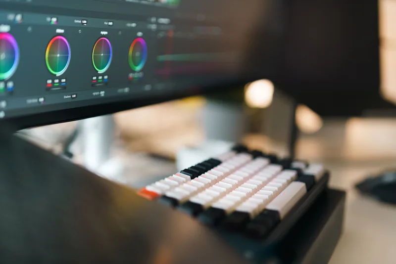 A close-up of a video editing workspace with a mechanical keyboard and color grading on a monitor, no person visible