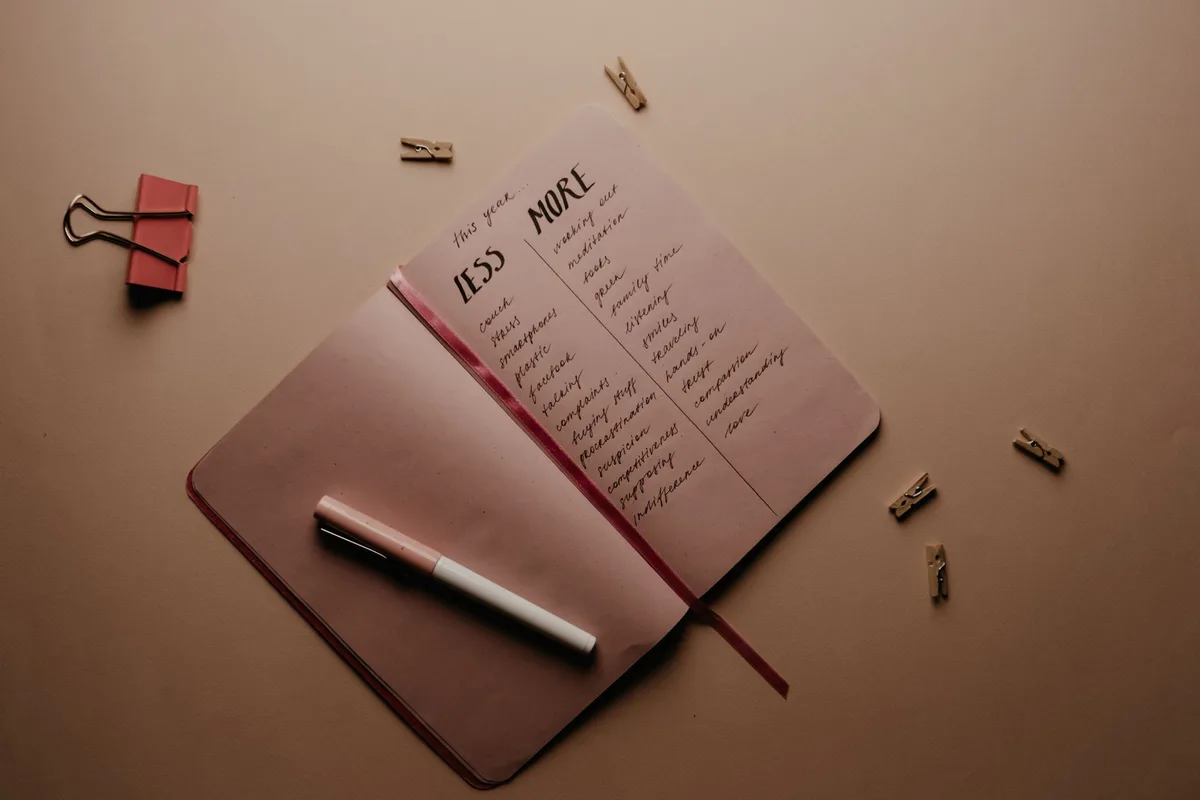 Notebook open on a desk with a handwritten bullet-point list, top-down view, no person visible