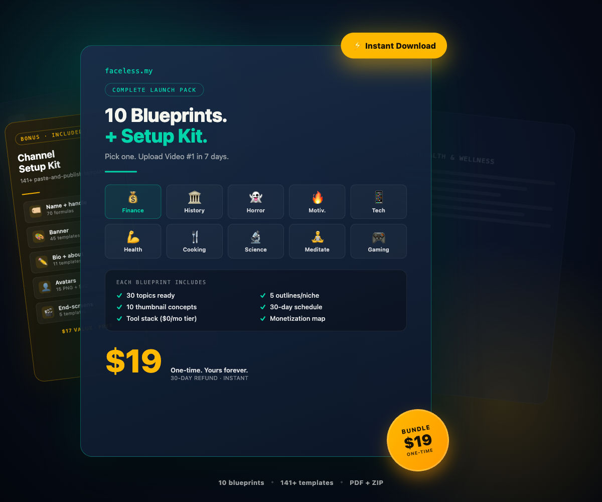 10 Cloneable Faceless Channel Blueprints + Setup Kit — pick a niche, build video #1 in 7 days